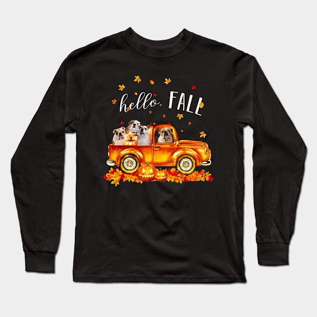 Bulldogs Hello Fall - Bulldogs In Car Pumpkin Halloween T-shirt Bulldogs Autunm Gift Long Sleeve T-Shirt by kimmygoderteart